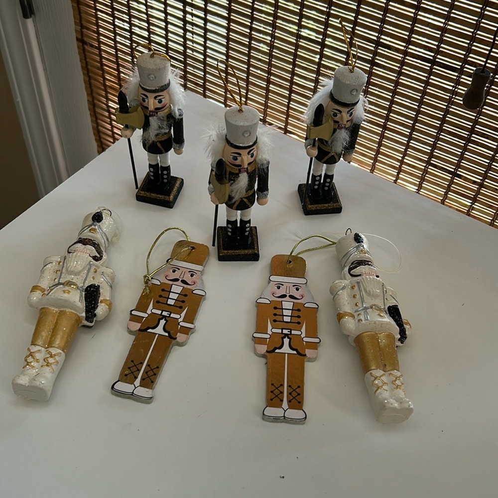 Charming Nutcracker Ornament Set - Gold, White, and Black 7 piece set